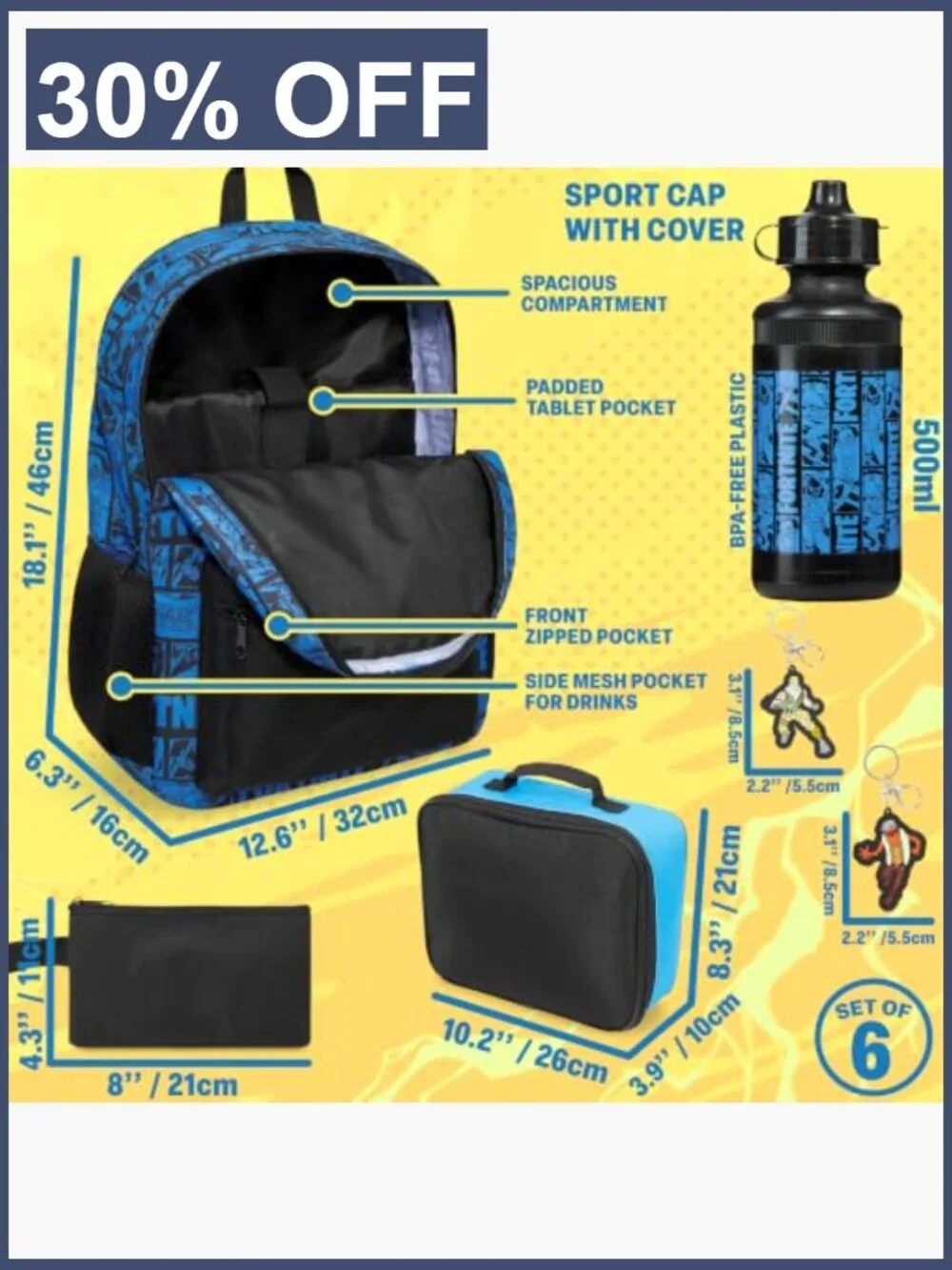 Fortnite Boys Backpack 6Pc School Set with Lunch Bag Pencil Case Bookbag